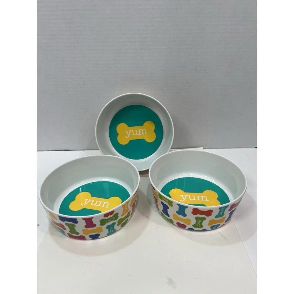 Dog Pet Bowls 3 Medium Colorful bones “Yum” Design Melamine Plastic